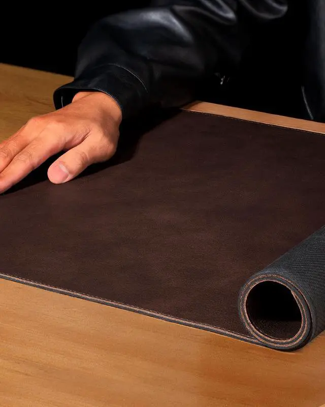 Alt view image 5 of 7 - Genuine Leather Desk Mat, 31.5"x15.8" Office Desk Pad, Thick Premium Table Pad with Stitched Line, Non-Slip Laptop Writing Pad with Rubber Base (Dark Brown, 31.5"x15.8")