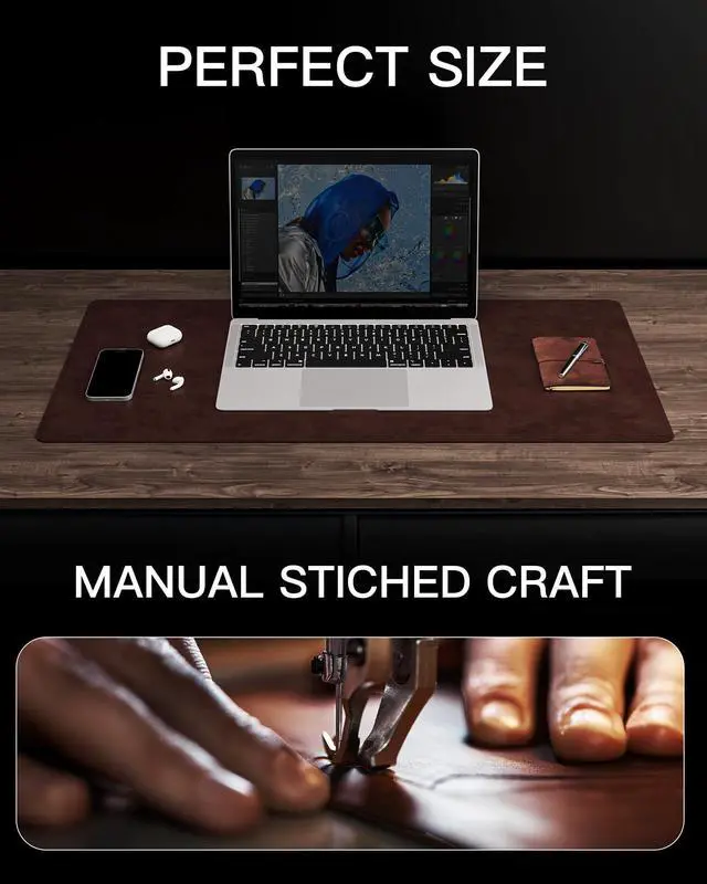 Alt view image 6 of 7 - Genuine Leather Desk Mat, 31.5"x15.8" Office Desk Pad, Thick Premium Table Pad with Stitched Line, Non-Slip Laptop Writing Pad with Rubber Base (Dark Brown, 31.5"x15.8")