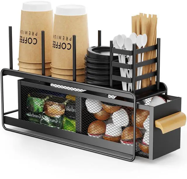 Main image of Narrow Cup and Lid Holder with Drawer - 4.5" Slim Metal Coffee Bar Organizer for Countertop, Breakroom Condiment Caddy & K-Cup Pod Storage, Black