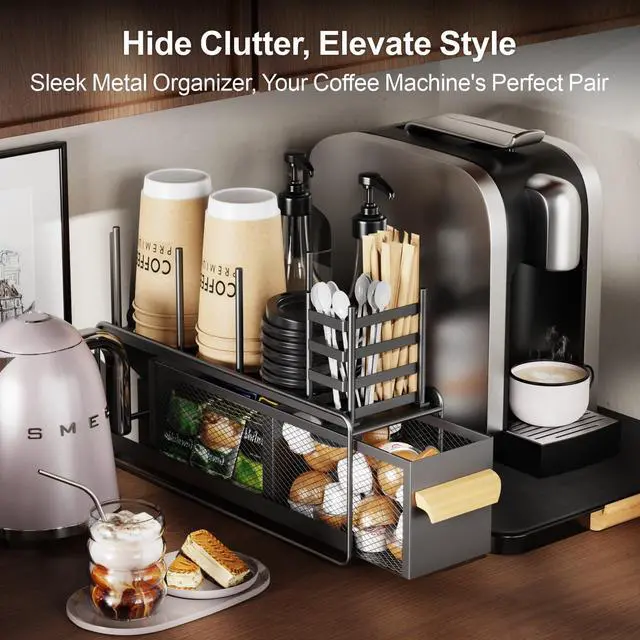 Alt view image 2 of 7 - Narrow Cup and Lid Holder with Drawer - 4.5" Slim Metal Coffee Bar Organizer for Countertop, Breakroom Condiment Caddy & K-Cup Pod Storage, Black
