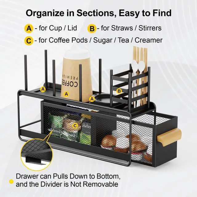 Alt view image 3 of 7 - Narrow Cup and Lid Holder with Drawer - 4.5" Slim Metal Coffee Bar Organizer for Countertop, Breakroom Condiment Caddy & K-Cup Pod Storage, Black