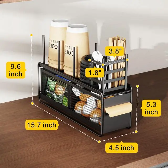 Alt view image 4 of 7 - Narrow Cup and Lid Holder with Drawer - 4.5" Slim Metal Coffee Bar Organizer for Countertop, Breakroom Condiment Caddy & K-Cup Pod Storage, Black