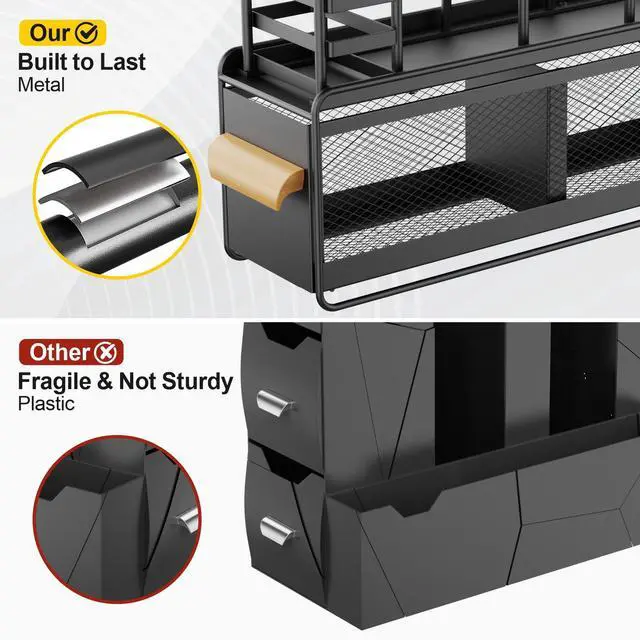 Alt view image 6 of 7 - Narrow Cup and Lid Holder with Drawer - 4.5" Slim Metal Coffee Bar Organizer for Countertop, Breakroom Condiment Caddy & K-Cup Pod Storage, Black