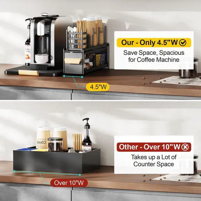 Alt view image 5 of 7 - Narrow Cup and Lid Holder with Drawer - 4.5" Slim Metal Coffee Bar Organizer for Countertop, Breakroom Condiment Caddy & K-Cup Pod Storage, Black