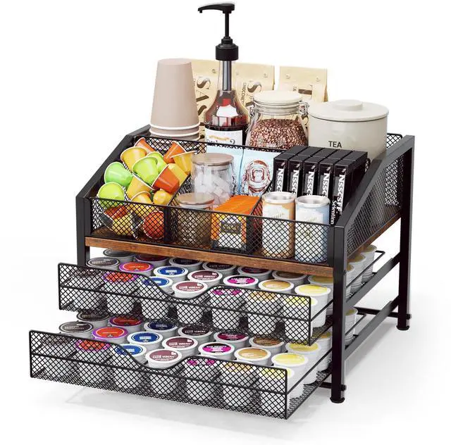Main image of Coffee Bar Organizer - Coffee Station for Countertop, Metal and Wood K Cup holder Storage Basket for Coffee Pods, Syrup, Cups, Stirrer, Coffee Condiment, Tea Organizer, Black and Brown