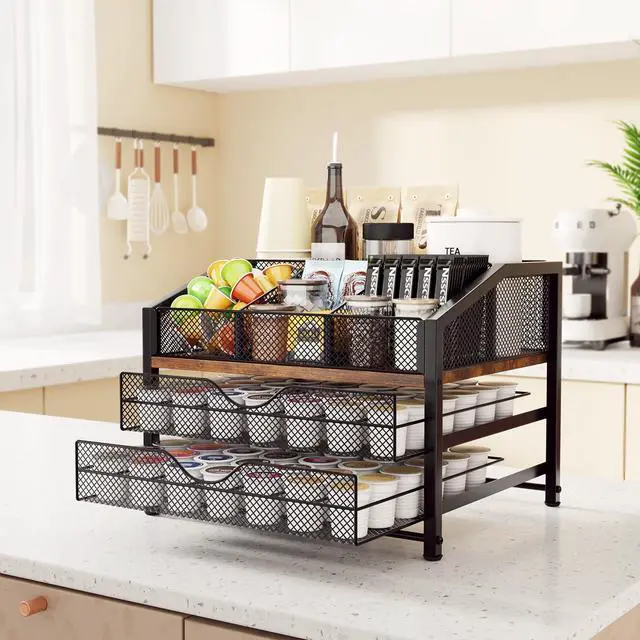 Alt view image 3 of 7 - Coffee Bar Organizer - Coffee Station for Countertop, Metal and Wood K Cup holder Storage Basket for Coffee Pods, Syrup, Cups, Stirrer, Coffee Condiment, Tea Organizer, Black and Brown
