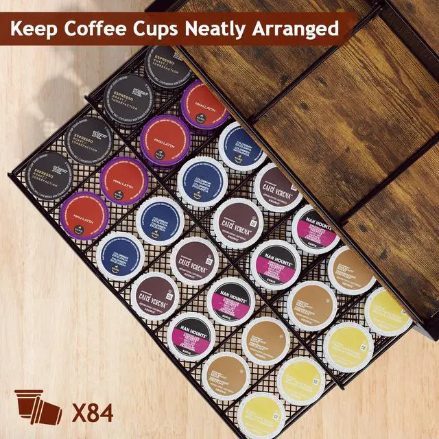 Alt view image 2 of 7 - Coffee Bar Organizer - Coffee Station for Countertop, Metal and Wood K Cup holder Storage Basket for Coffee Pods, Syrup, Cups, Stirrer, Coffee Condiment, Tea Organizer, Black and Brown