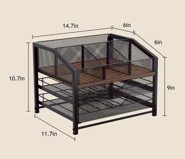 Alt view image 5 of 7 - Coffee Bar Organizer - Coffee Station for Countertop, Metal and Wood K Cup holder Storage Basket for Coffee Pods, Syrup, Cups, Stirrer, Coffee Condiment, Tea Organizer, Black and Brown