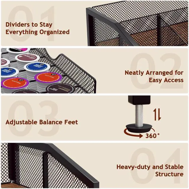 Alt view image 6 of 7 - Coffee Bar Organizer - Coffee Station for Countertop, Metal and Wood K Cup holder Storage Basket for Coffee Pods, Syrup, Cups, Stirrer, Coffee Condiment, Tea Organizer, Black and Brown