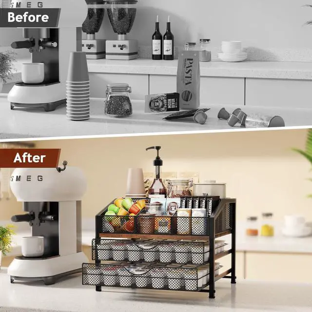 Alt view image 7 of 7 - Coffee Bar Organizer - Coffee Station for Countertop, Metal and Wood K Cup holder Storage Basket for Coffee Pods, Syrup, Cups, Stirrer, Coffee Condiment, Tea Organizer, Black and Brown