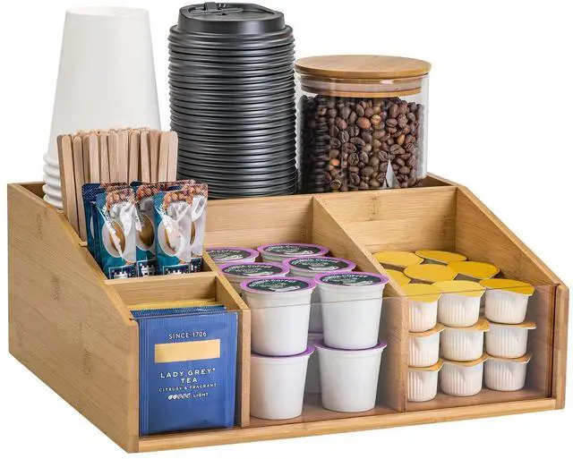 Main image of Bamboo Coffee Station Organizer for Countertop, Coffee Bar Accessories Organizer with 6 Compartments for Tea Bags Condiment, Pods, Creamer, Syrup, Cups