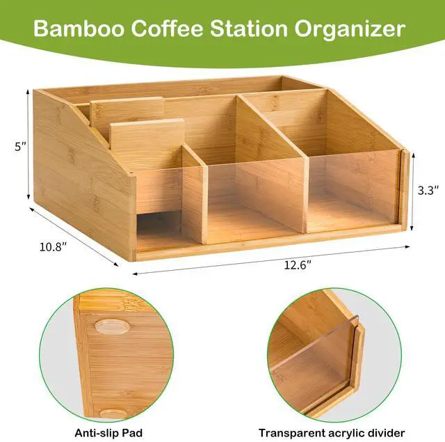 Alt view image 2 of 7 - Bamboo Coffee Station Organizer for Countertop, Coffee Bar Accessories Organizer with 6 Compartments for Tea Bags Condiment, Pods, Creamer, Syrup, Cups