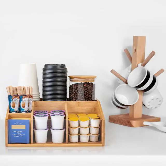 Alt view image 4 of 7 - Bamboo Coffee Station Organizer for Countertop, Coffee Bar Accessories Organizer with 6 Compartments for Tea Bags Condiment, Pods, Creamer, Syrup, Cups