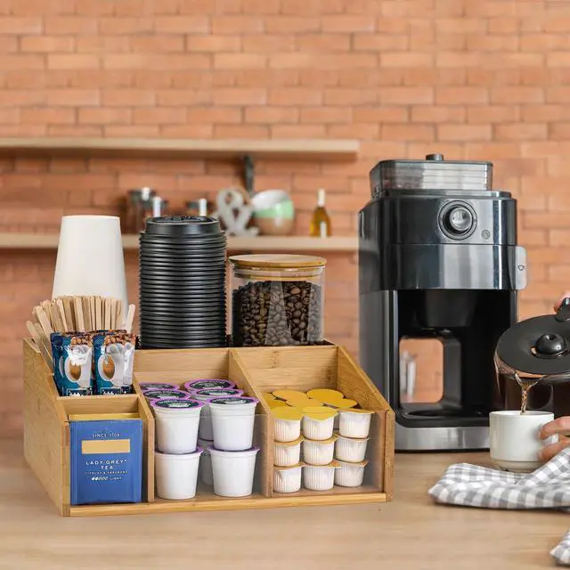 Alt view image 5 of 7 - Bamboo Coffee Station Organizer for Countertop, Coffee Bar Accessories Organizer with 6 Compartments for Tea Bags Condiment, Pods, Creamer, Syrup, Cups