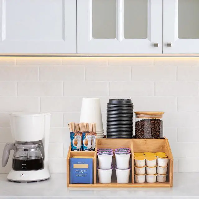 Alt view image 3 of 7 - Bamboo Coffee Station Organizer for Countertop, Coffee Bar Accessories Organizer with 6 Compartments for Tea Bags Condiment, Pods, Creamer, Syrup, Cups