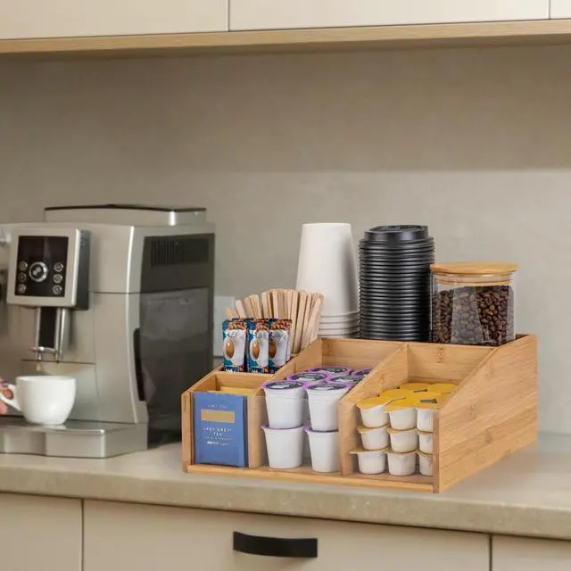 Alt view image 6 of 7 - Bamboo Coffee Station Organizer for Countertop, Coffee Bar Accessories Organizer with 6 Compartments for Tea Bags Condiment, Pods, Creamer, Syrup, Cups
