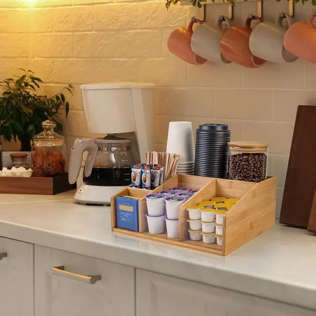 Alt view image 7 of 7 - Bamboo Coffee Station Organizer for Countertop, Coffee Bar Accessories Organizer with 6 Compartments for Tea Bags Condiment, Pods, Creamer, Syrup, Cups