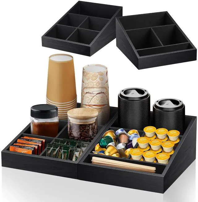 Main image of Coffee Station Organizer Coffee Condiment Service Tray with 9 Compartment for Counter, Wood Coffee Bar Supplies Organizer for Home Office Breakroom Two-in-One Black