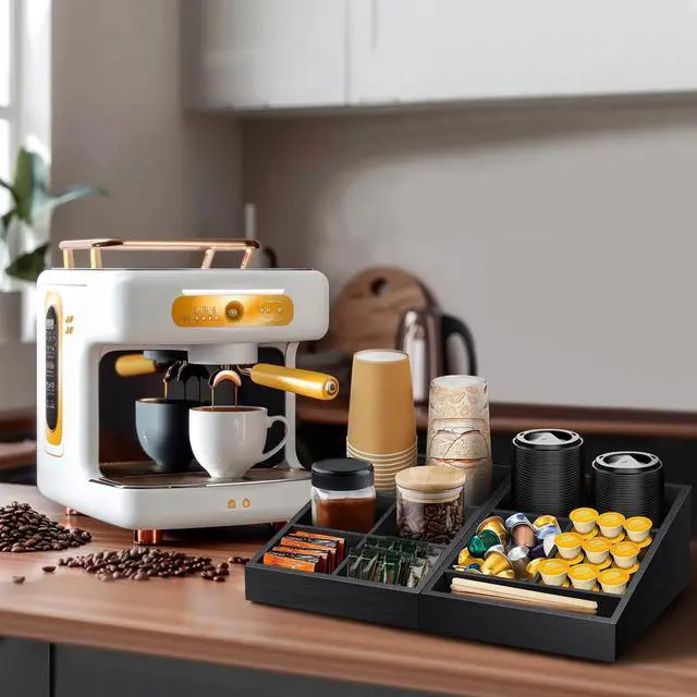 Alt view image 2 of 6 - Coffee Station Organizer Coffee Condiment Service Tray with 9 Compartment for Counter, Wood Coffee Bar Supplies Organizer for Home Office Breakroom Two-in-One Black