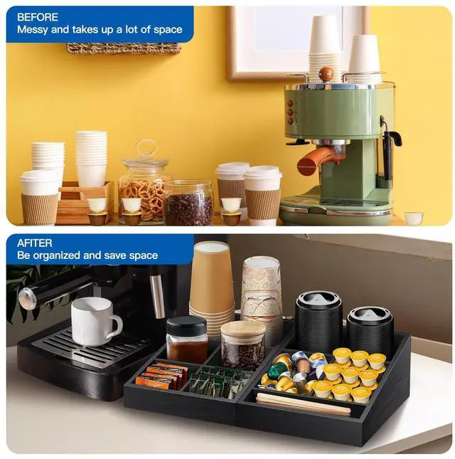 Alt view image 3 of 6 - Coffee Station Organizer Coffee Condiment Service Tray with 9 Compartment for Counter, Wood Coffee Bar Supplies Organizer for Home Office Breakroom Two-in-One Black