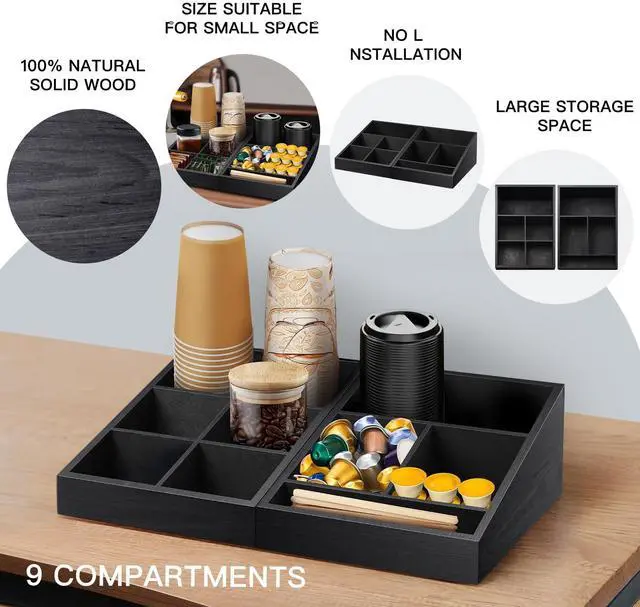 Alt view image 4 of 6 - Coffee Station Organizer Coffee Condiment Service Tray with 9 Compartment for Counter, Wood Coffee Bar Supplies Organizer for Home Office Breakroom Two-in-One Black