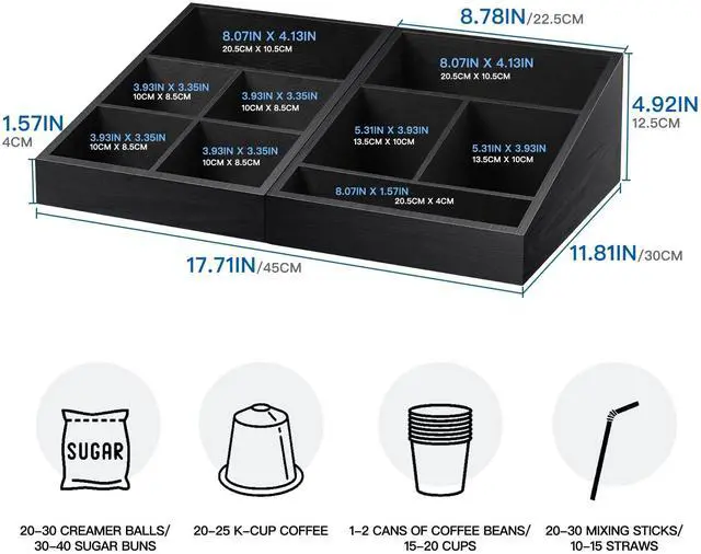 Alt view image 5 of 6 - Coffee Station Organizer Coffee Condiment Service Tray with 9 Compartment for Counter, Wood Coffee Bar Supplies Organizer for Home Office Breakroom Two-in-One Black