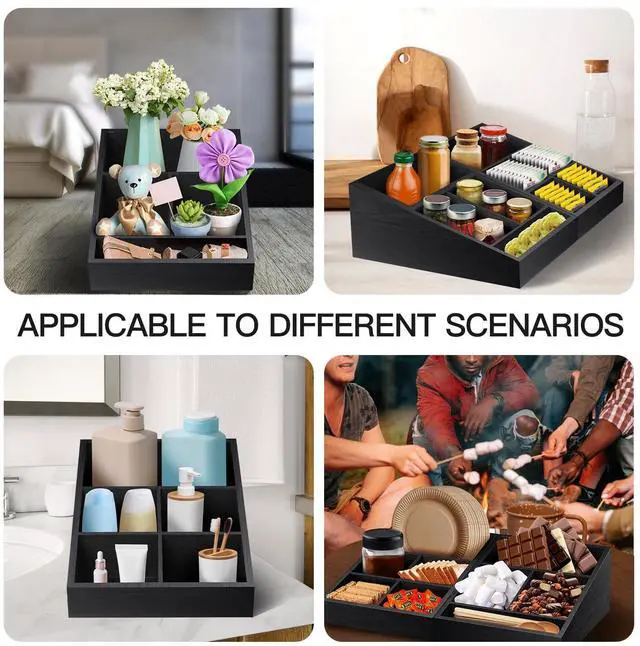 Alt view image 6 of 6 - Coffee Station Organizer Coffee Condiment Service Tray with 9 Compartment for Counter, Wood Coffee Bar Supplies Organizer for Home Office Breakroom Two-in-One Black