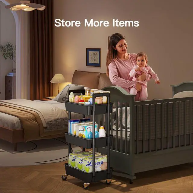 Alt view image 3 of 7 - 3 Tier Rolling Cart Organizer, Plastic Rolling Cart with Lockable Wheels & Reinforced Handle, Lightweight Utility Storage Cart for Nursery, Kitchen, Craft Room, Black
