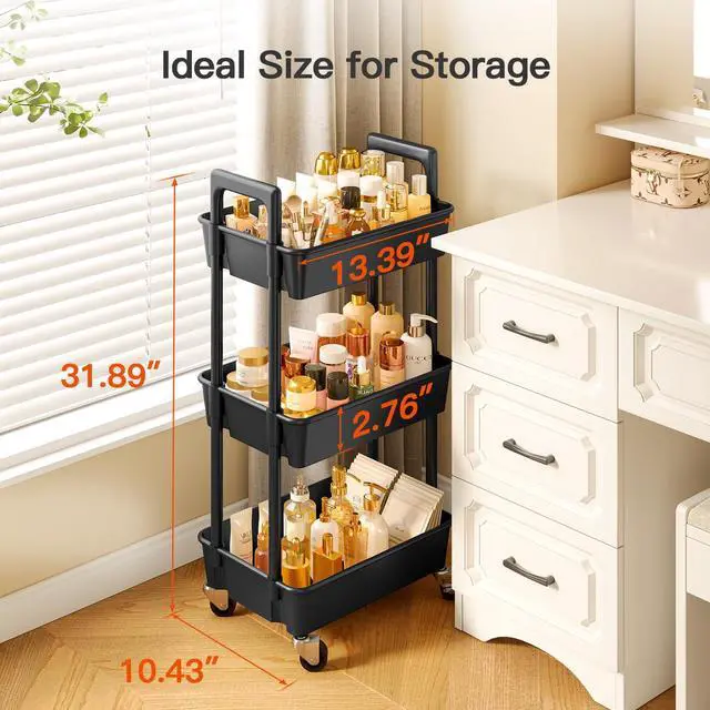 Alt view image 4 of 7 - 3 Tier Rolling Cart Organizer, Plastic Rolling Cart with Lockable Wheels & Reinforced Handle, Lightweight Utility Storage Cart for Nursery, Kitchen, Craft Room, Black