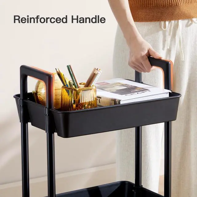 Alt view image 6 of 7 - 3 Tier Rolling Cart Organizer, Plastic Rolling Cart with Lockable Wheels & Reinforced Handle, Lightweight Utility Storage Cart for Nursery, Kitchen, Craft Room, Black