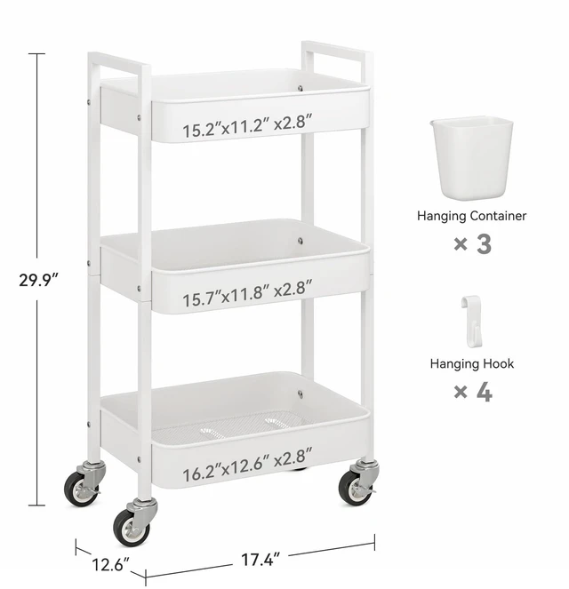 Alt view image 4 of 6 - 3 Tier Rolling Cart,Utility Cart with Locking Wheels, Hanging Cups,&Hooks, Heavy Duty Metal Storage Organizer Cart for Kitchen,Office, Bathroom,Craft Room,White