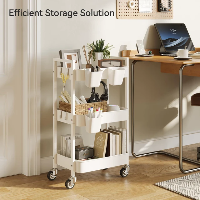 Alt view image 3 of 6 - 3 Tier Rolling Cart,Utility Cart with Locking Wheels, Hanging Cups,&Hooks, Heavy Duty Metal Storage Organizer Cart for Kitchen,Office, Bathroom,Craft Room,White