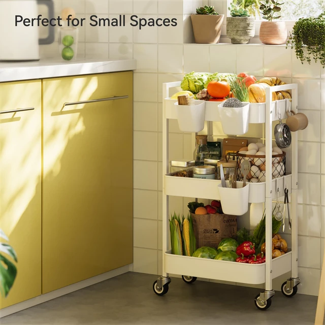 Alt view image 2 of 6 - 3 Tier Rolling Cart,Utility Cart with Locking Wheels, Hanging Cups,&Hooks, Heavy Duty Metal Storage Organizer Cart for Kitchen,Office, Bathroom,Craft Room,White