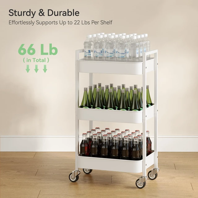 Alt view image 6 of 6 - 3 Tier Rolling Cart,Utility Cart with Locking Wheels, Hanging Cups,&Hooks, Heavy Duty Metal Storage Organizer Cart for Kitchen,Office, Bathroom,Craft Room,White