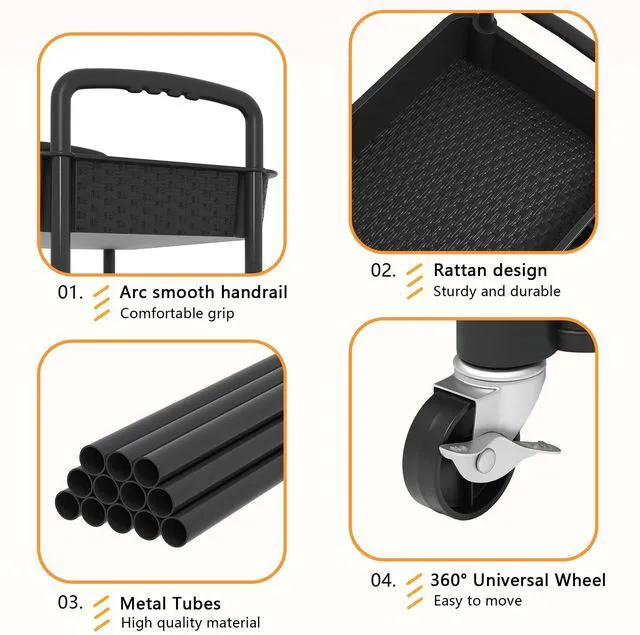 Alt view image 5 of 7 - 4-Tier Plastic Rolling Utility Cart with Handle, Black Utility Storage Cart for Office, Living Room, Kitchen,Movable Storage OrganizerEasy installationRattan-like art design