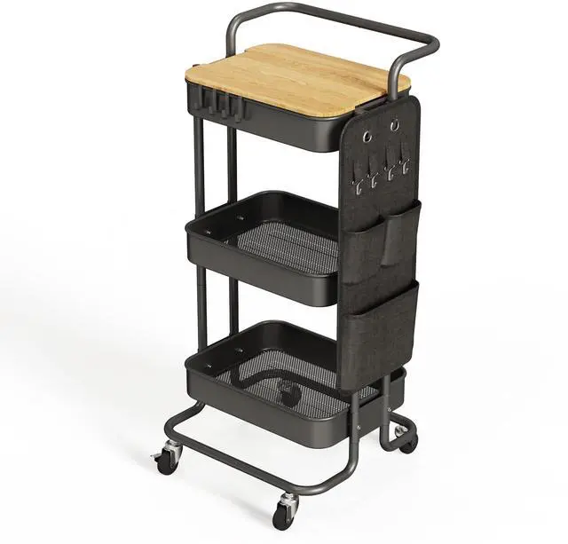 Main image of 3 Tier Metal Utility Rolling Cart with Table Top and Side Bags, Tray Storage Organizer Wheels, Art Craft 4 Hooks for Kitchen Bathroom Office Living Room (Black)