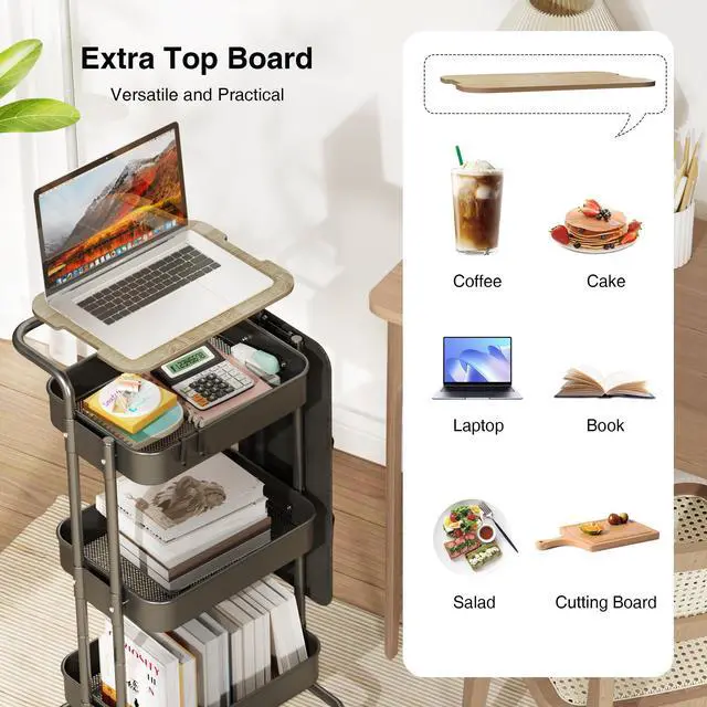 Alt view image 2 of 7 - 3 Tier Metal Utility Rolling Cart with Table Top and Side Bags, Tray Storage Organizer Wheels, Art Craft 4 Hooks for Kitchen Bathroom Office Living Room (Black)