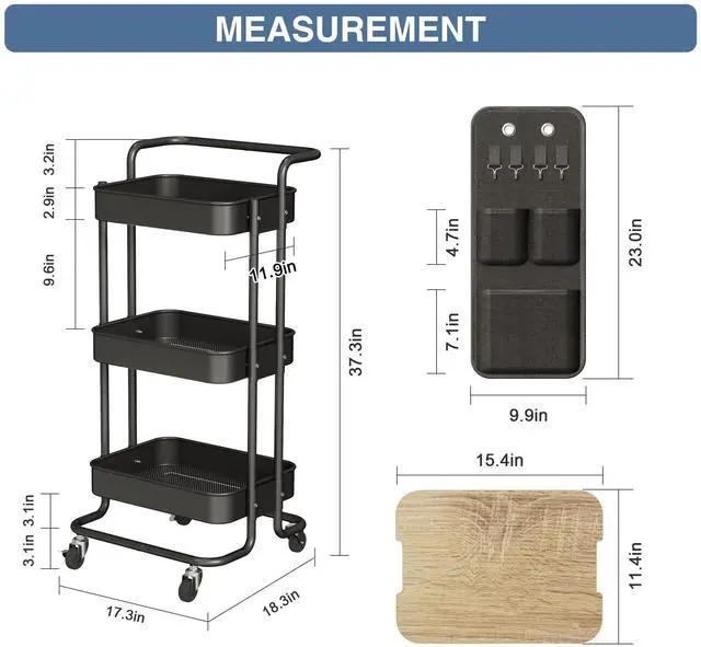 Alt view image 6 of 7 - 3 Tier Metal Utility Rolling Cart with Table Top and Side Bags, Tray Storage Organizer Wheels, Art Craft 4 Hooks for Kitchen Bathroom Office Living Room (Black)