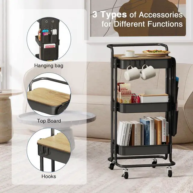 Alt view image 5 of 7 - 3 Tier Metal Utility Rolling Cart with Table Top and Side Bags, Tray Storage Organizer Wheels, Art Craft 4 Hooks for Kitchen Bathroom Office Living Room (Black)