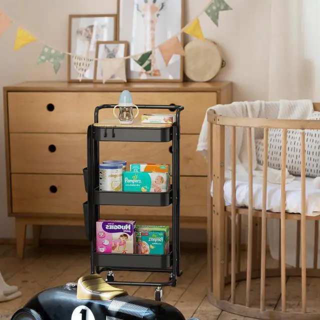 Alt view image 7 of 7 - 3 Tier Metal Utility Rolling Cart with Table Top and Side Bags, Tray Storage Organizer Wheels, Art Craft 4 Hooks for Kitchen Bathroom Office Living Room (Black)