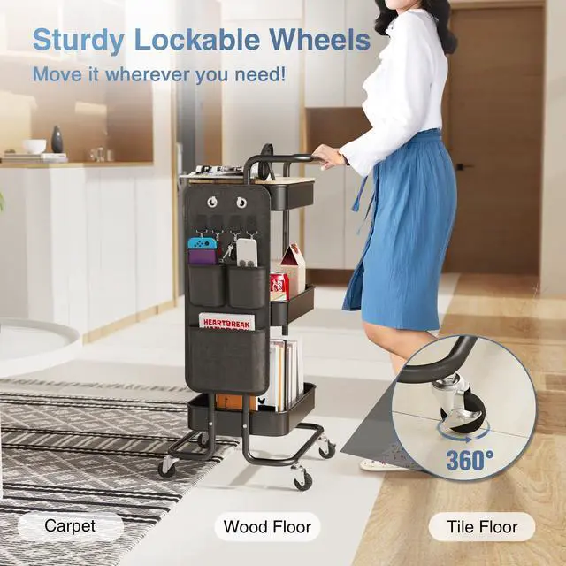 Alt view image 4 of 7 - 3 Tier Metal Utility Rolling Cart with Table Top and Side Bags, Tray Storage Organizer Wheels, Art Craft 4 Hooks for Kitchen Bathroom Office Living Room (Black)