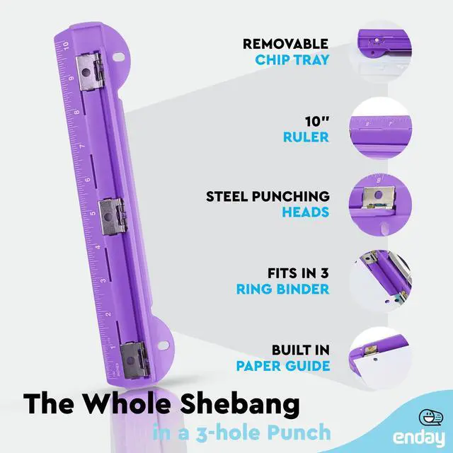 Alt view image 3 of 7 - 3 Hole Punch Purple, Portable Hole Puncher for 3 Ring Binder, 3 Sheets Capacity, Removable Chip Tray, 10 Ruler for School, Office, Also Available in Pink, Blue, Green, Red, Grey, 1 Pc-by Enday