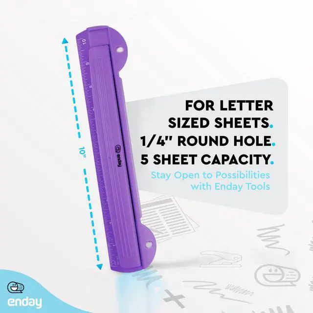 Alt view image 5 of 7 - 3 Hole Punch Purple, Portable Hole Puncher for 3 Ring Binder, 3 Sheets Capacity, Removable Chip Tray, 10 Ruler for School, Office, Also Available in Pink, Blue, Green, Red, Grey, 1 Pc-by Enday