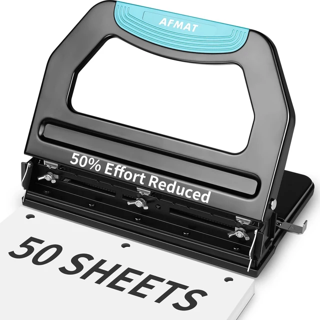 Main image of 3 Hole Punch Heavy Duty, 9/32" Holes, 50-Sheet Hole Puncher 3 Ring, 50% Reduced Effort, Adjustable Two & Three Hole Punch, Metal Paper Puncher w/Large Chip Tray, Metal Paper Guide, Black, HP18