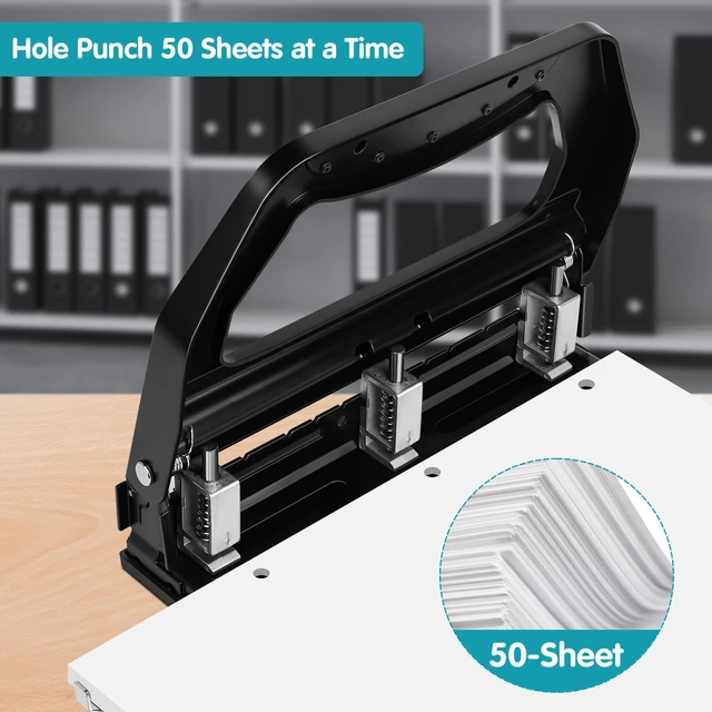 Alt view image 2 of 6 - 3 Hole Punch Heavy Duty, 9/32" Holes, 50-Sheet Hole Puncher 3 Ring, 50% Reduced Effort, Adjustable Two & Three Hole Punch, Metal Paper Puncher w/Large Chip Tray, Metal Paper Guide, Black, HP18