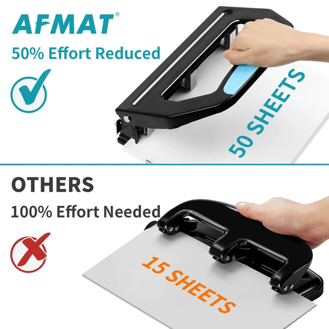 Alt view image 3 of 6 - 3 Hole Punch Heavy Duty, 9/32" Holes, 50-Sheet Hole Puncher 3 Ring, 50% Reduced Effort, Adjustable Two & Three Hole Punch, Metal Paper Puncher w/Large Chip Tray, Metal Paper Guide, Black, HP18