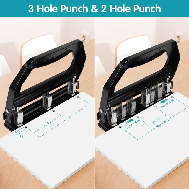 Alt view image 4 of 6 - 3 Hole Punch Heavy Duty, 9/32" Holes, 50-Sheet Hole Puncher 3 Ring, 50% Reduced Effort, Adjustable Two & Three Hole Punch, Metal Paper Puncher w/Large Chip Tray, Metal Paper Guide, Black, HP18