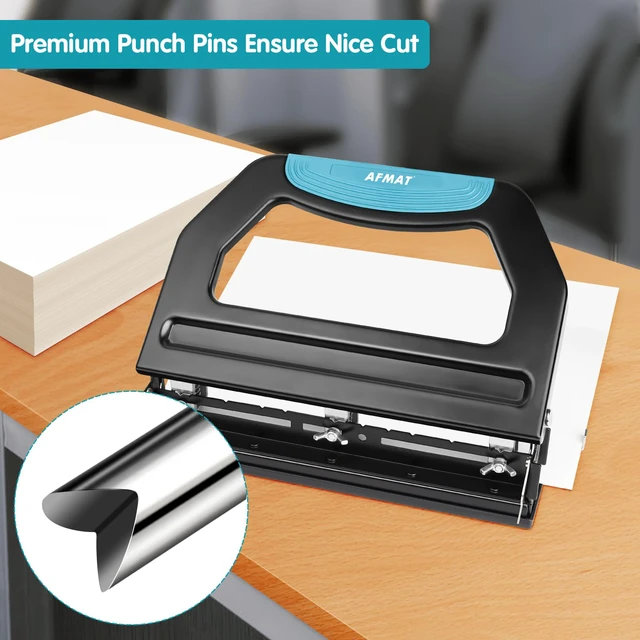 Alt view image 5 of 6 - 3 Hole Punch Heavy Duty, 9/32" Holes, 50-Sheet Hole Puncher 3 Ring, 50% Reduced Effort, Adjustable Two & Three Hole Punch, Metal Paper Puncher w/Large Chip Tray, Metal Paper Guide, Black, HP18
