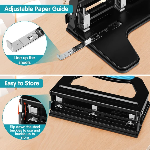 Alt view image 6 of 6 - 3 Hole Punch Heavy Duty, 9/32" Holes, 50-Sheet Hole Puncher 3 Ring, 50% Reduced Effort, Adjustable Two & Three Hole Punch, Metal Paper Puncher w/Large Chip Tray, Metal Paper Guide, Black, HP18