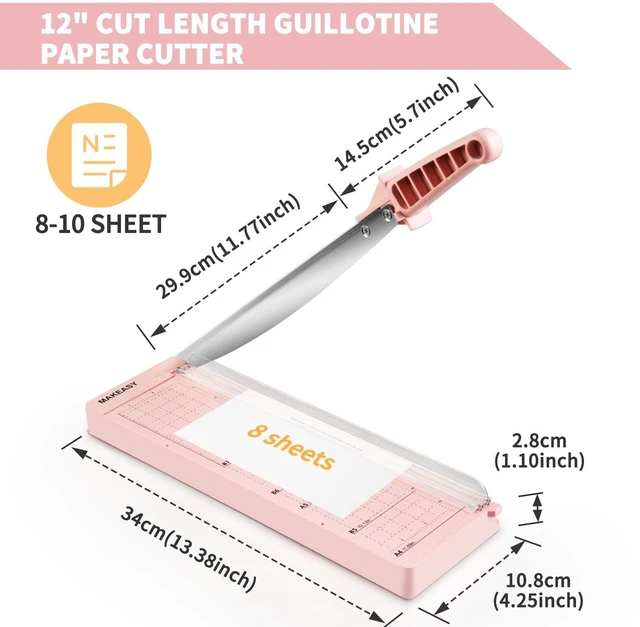Alt view image 4 of 7 - Paper Cutter 12 Inch, Guillotine Paper Cutter with 8 Sheet Capacity, Heavy Duty Paper Cutter for Cardstock, Paper Trimmer for Crafting, Classroom and Office, Pink